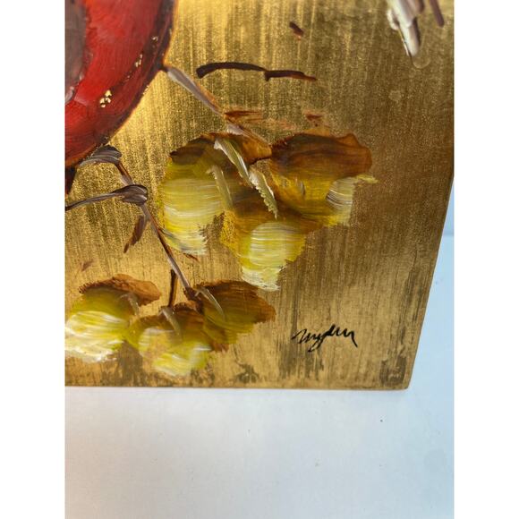 MCM Hand Painted Birds on Gold Leaf Background Original Acrylic VTG 10x7.75" - Picture 3 of 6